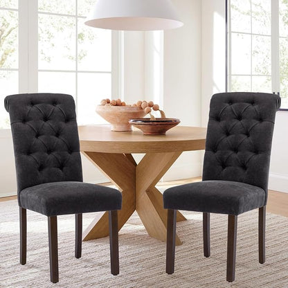 COLAMY Button Tufted Dining Chairs Set of 6, Parsons Upholstered Fabric Dining Room Chairs Kitchen Chairs with Wood Legs and Padded Seat, Black
