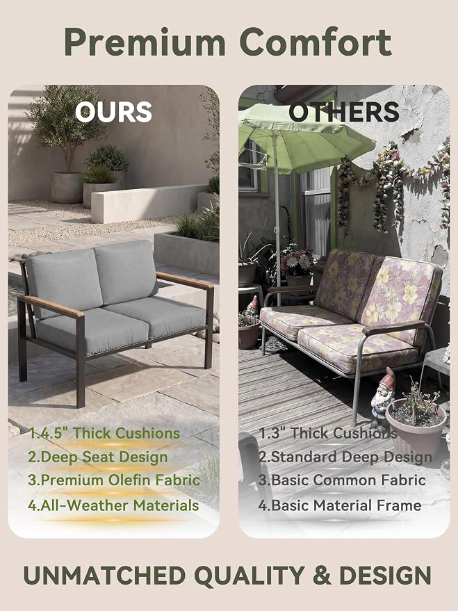 4-Piece Patio Furniture Set with Coffee Table & Removable Washable Cushions, All-Weather Metal Frame and Wood-Like Armrests for Porch, Garden, Balcony,Grey