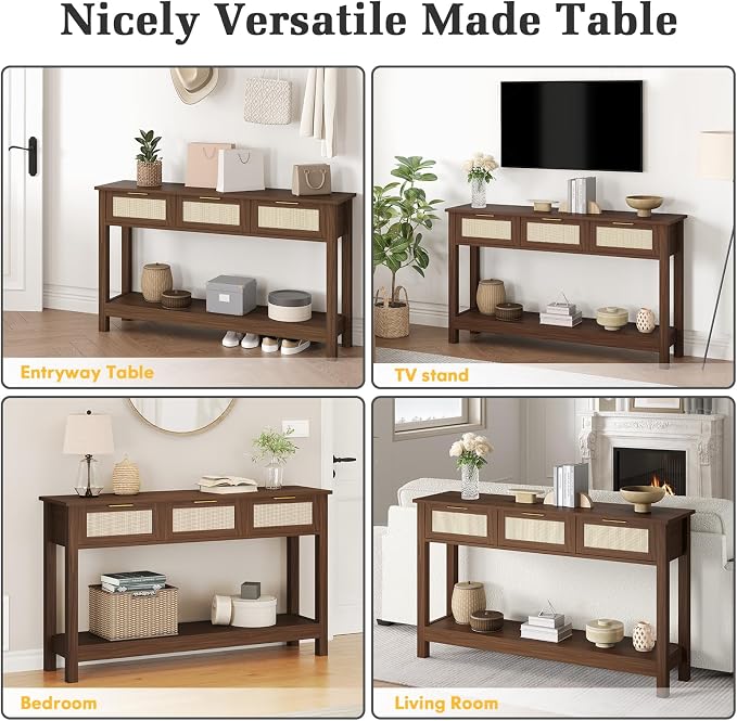 Luoxiao Console Table for Entryway with 3 Rattan Drawers Storage Open Shelf | Narrow Entry Table for Hallway, Foyer, Couch, Front Entrance, Anti-Tip, Easy to Assemble, 47 Inch, Walnut, Mid-Century Modern