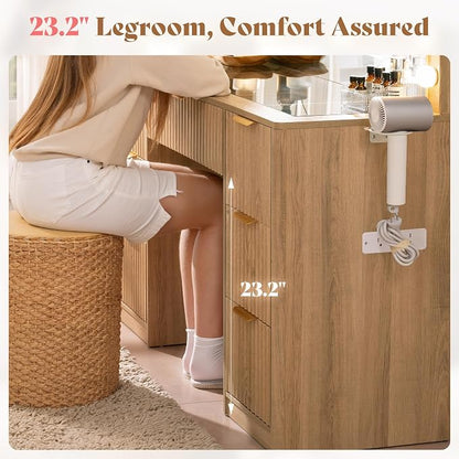 AMERLIFE 47.2" Fluted Vanity Desk with Mirror and Adjustable LED Lights, Large 7 Drawers Makeup Vanity Table with Glass Top and Charging Station for Women and Girls, Bedroom or Dorm, Natural Oak