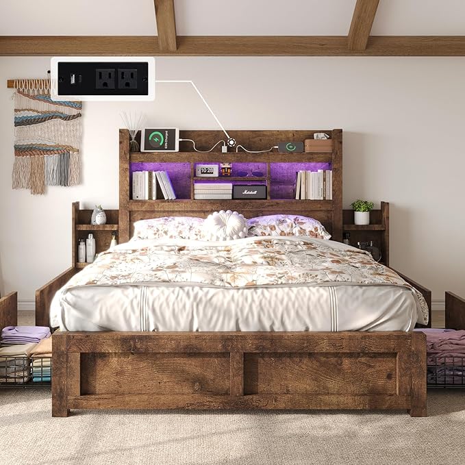 LUXOAK Queen Bed Frame with 49.6" Bookcase Headboard & 2 Detachable Bedside Stoage Racks & 4 Drawers, Farmhouse Wood Bed Frame with RGB LED & Charging Station, No Box Spring Needed, Rustic Brown
