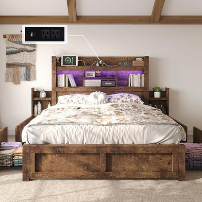 LUXOAK Queen Bed Frame with 49.6" Bookcase Headboard & 2 Detachable Bedside Stoage Racks & 4 Drawers, Farmhouse Wood Bed Frame with RGB LED & Charging Station, No Box Spring Needed, Rustic Brown