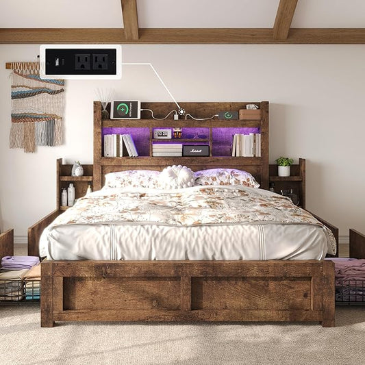 LUXOAK Queen Bed Frame with 49.6" Bookcase Headboard & 2 Detachable Bedside Stoage Racks & 4 Drawers, Farmhouse Wood Bed Frame with RGB LED & Charging Station, No Box Spring Needed, Rustic Brown