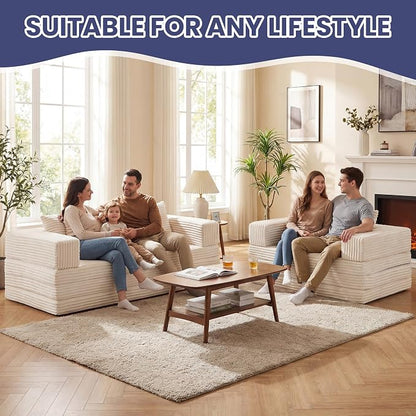Convertible Sofa Bed, 4-in-1 Boneless Loveseat with Removable Armrests Backrest, Corduroy Futon Couch Bed with Pillow, Foldable Mattress Sleeper Sofa for Living Room Bedroom Small Place (Beige)