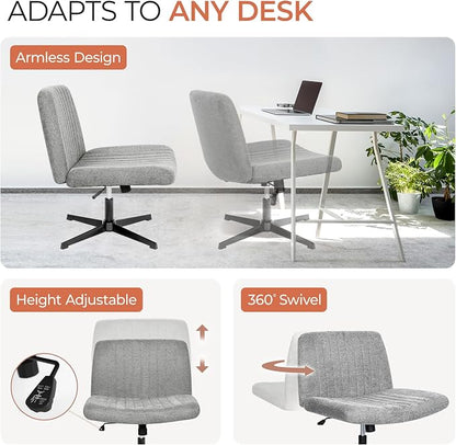 Orange Factory Criss Cross Chair No Wheel Wide Cross Legged Office Desk Vanity Chair Comfy Fabric Armless Adjustable Swivel for Home Computer Task (Grey No Wheel, Classic Fabric)