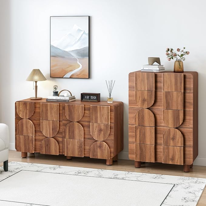 Fluted 5 Drawers Dresser for Bedroom, 46" Tall Dressers & Chest of Drawers w/Curved Profile Design, Wood Mid Century Modern Vertical Storage Dressers Organizer for Living Room, Hallway, Walnut