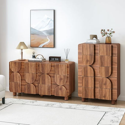 Fluted 5 Drawers Dresser for Bedroom, 46" Tall Dressers & Chest of Drawers w/Curved Profile Design, Wood Mid Century Modern Vertical Storage Dressers Organizer for Living Room, Hallway, Walnut
