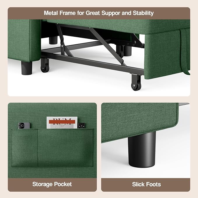 Ahomly Convertible Sleeper Chair Sofa Bed with 3-in-1 Design, Adjustable Backrest, and Storage Pocket for Living Room, Green