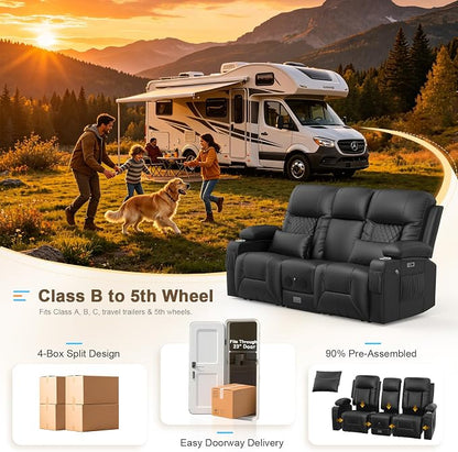 Power RV Loveseat Recliner Sofa, Reclining Loveseat with Flip Back Console, Home Theater Seating with USB Ports, Cup Holders, Wall Hugger Recliners for Movie Room, Black