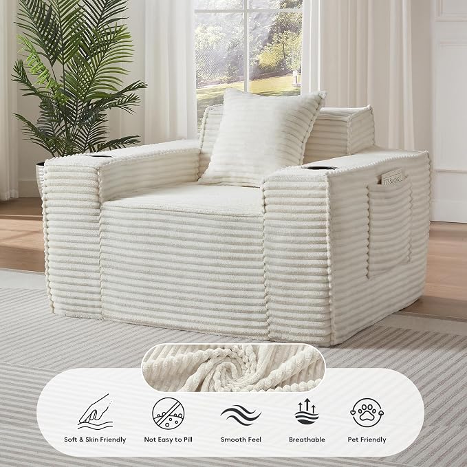 Boneless Sofa Couch with Cup Holders & Side Pockets, Modern Corduroy Fabric Deep Seat Single Cloud Couch for Reading Living Room Office, No Assembly (White)