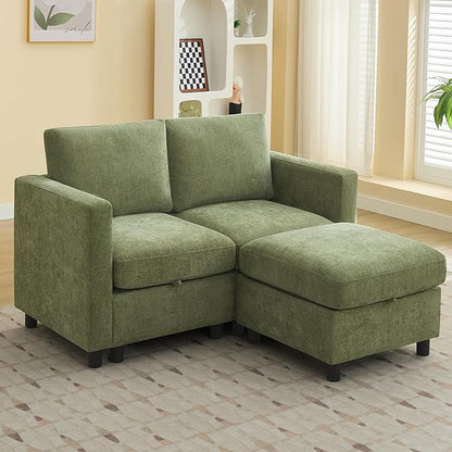 WUTUTUEE 58”Modular Sectional Loveseat Sofa with Storage, Comfy Office L Shaped Sofa Couch, Chenille Love Seat Modular Sectional Couch with Movable Ottoman for Living Room, Bedroom, Green