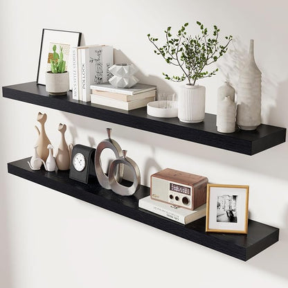 fuqing Black Floating Shelves 48 Inch, Solid Wood Wall Mounted Shelves Set of 2, Extra Long Modern Floating Shelves for Wall Decor & Storage, Shelves for Bathroom Bedroom Kitchen Living Room - Black