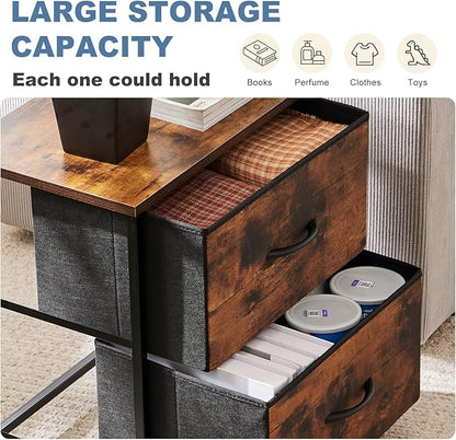 DUMOS Nightstand Set of 2, Small Dresser with 2 Fabric Drawers, End Table | Bedroom Kids Bedside Storage Furniture for 25 inch Tall Night Stand, Dorm, Rustic Brown