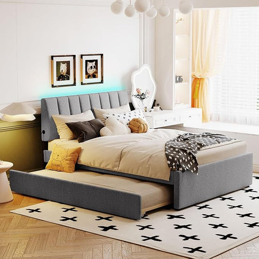 Bellemave Full Bed Frame with Trundle and LED Lights,Teddy Fleece Upholstered Platform Bed Frame with USB,Full Size Trundle Bed with Headboard for Kids Teens Adults,Gray