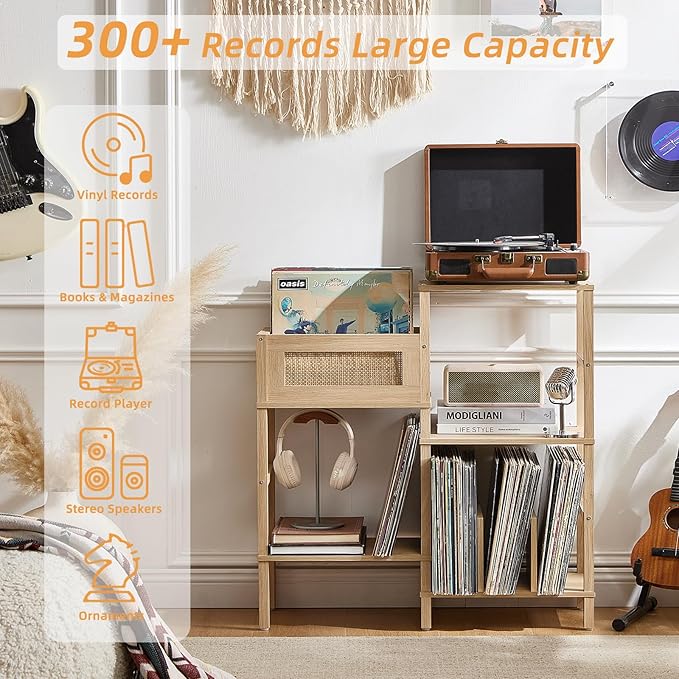 LELELINKY Record Player Stand, Natural Oak Wood Record Holder with Vinyl Storage Holds up to 300+ Albums, 3-Tier Rattan Media Table with Vinyl Display Shelf, Record Storage Cabinet for Living Room