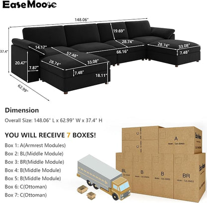 EASE MOOSE U Shape Sectional Sofa,Oversized Deep Seat Modular Couch,Modern Fashion Corduroy Cloud Sectional Sofa, Removable Cover,Black