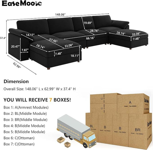 EASE MOOSE U Shape Sectional Sofa,Oversized Deep Seat Modular Couch,Modern Fashion Corduroy Cloud Sectional Sofa, Removable Cover,Black