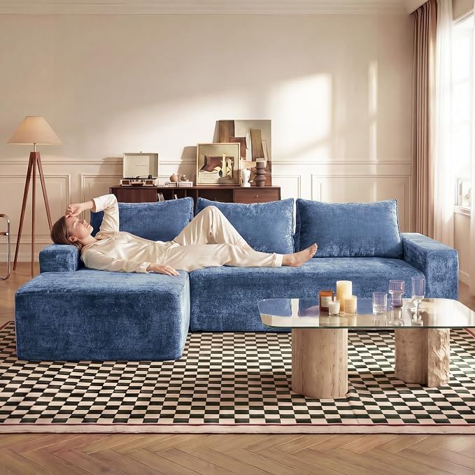 Vesgantti 95" Boneless Couches for Living Room, L-Shape Sectional Couch with Chaise in Chenille | Memory Foam | No Assembly Required, Deep Seat Cloud Modular Sofa for Apartment, Office (Blue)