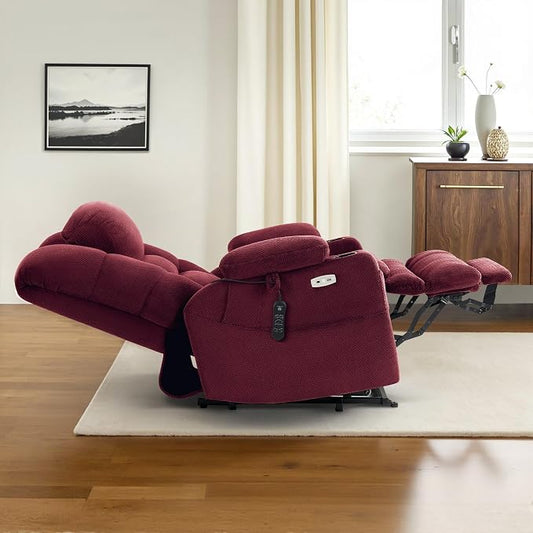 MCombo Big Man Power Lay Flat Lift Chair, Triple Motor Power Lift Recliner with Massage & Dual Heating, Adjustable Headrest, Fabric R7635 (Burgundy, Large-Wide)