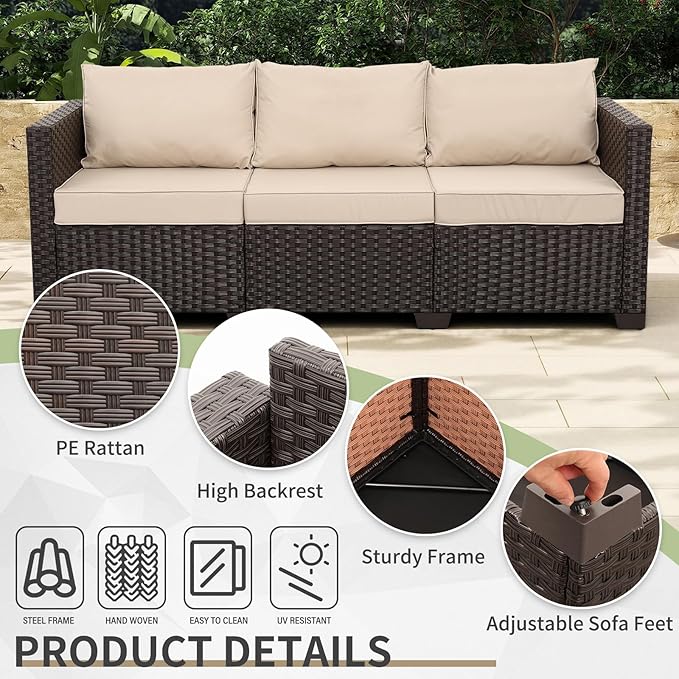 WAROOM Patio Couch PE Rattan 3-Seat Outdoor Sofa Brown Wicker Furniture Set Deep Seating with Anti-Slip Beige Cushion