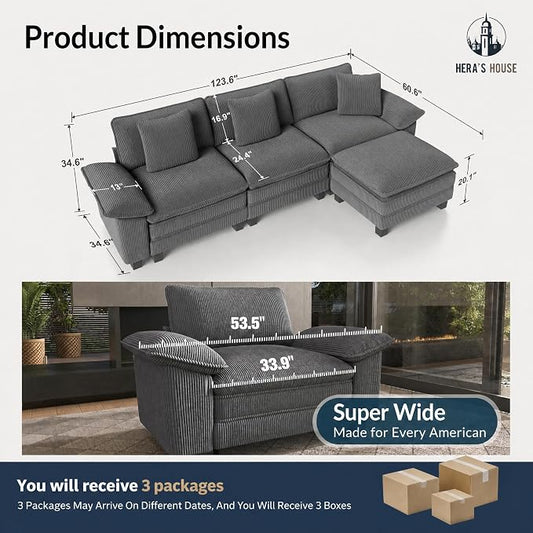 HERA'S HOUSE 124" Modular Sectional Sofa, Oversized L Shaped Couches for Living Room, Comfy Cloud Couch with Ottoman, 4-Seater Deep Seat Sofa with Throw Pillow, Corduroy Grey