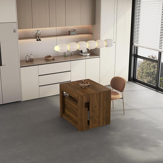 Extendable Foldable Dining Room Table for 1-12 People, Wood Multifunctional Rectangle Expandable Console Kitchen Living Meeting Room Furniture, Walnut