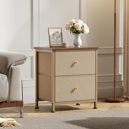 DUMOS Nightstand Set of 2, Bedside Table for Bedroom, Small Dresser | Side/End Table with 2 Fabric Drawers, Storage Cabinet Furniture, 20 Inch Night Stand for Closet, Entryway, Khaki 2Pack