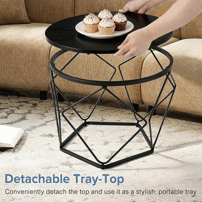 DUMOS Modern Geometric Coffee Table Set of 2, Round Nesting Side Tables with Hidden Storage, Movable End Tables for Living Room Office Decor & Practical Use Black