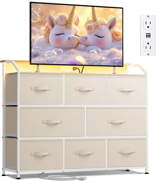 WLIVE Led Dresser for Bedroom, TV Stand for Bedroom with LED Lights and Power Outlet, Wide Chest of Drawers for Hallway, 8 Fabric Drawers for Living Room and Entryway, Cream White