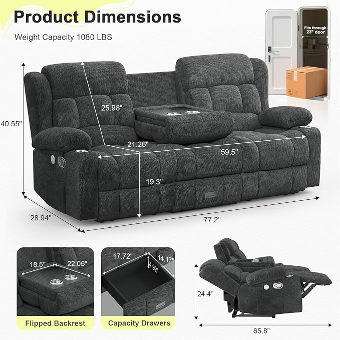 RV Loveseat Recliner Sofa, 3 Seater Reclining Sofa with Flip Back Console, Modern Reclining Couch with USB Ports, Cup Holders, Insert Pockets, RV Recliners for Travel Trailers & Living Room