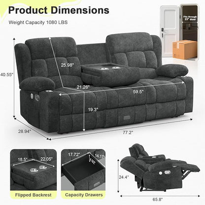 RV Loveseat Recliner Sofa, 3 Seater Reclining Sofa with Flip Back Console, Modern Reclining Couch with USB Ports, Cup Holders, Insert Pockets, RV Recliners for Travel Trailers & Living Room