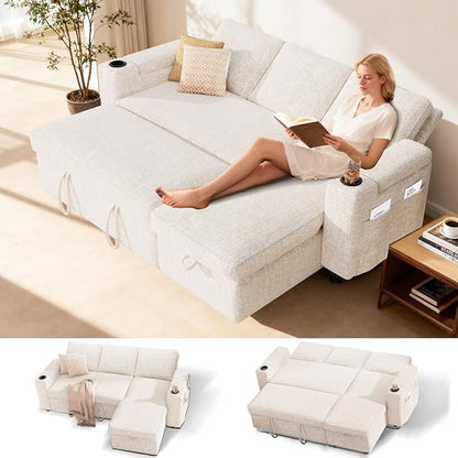 Sunny Heart L-Shaped Sleeper Sofa with Pull Out Bed, 82" Sectional Couch with Reclining Backrest, Reversible Storage Chaise, Armrest Storage, Cup Holders, and Side Pockets, Tool-Free Assembly, Beige