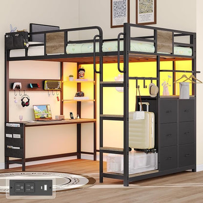 Dnxao Twin Loft Bed with Desk, Heavy Duty Twin Bed Frame with Integrated 6 Storage Drawers & DIY Pegboard, Smart LED Lights, Charging Station with Type-C, Space-Saving Workstation for Teens,Oak Gray