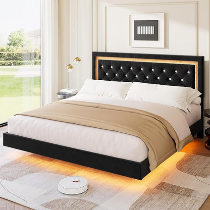 Garvee Floating Bed Frame King Size with Smart Led Lights, Upholstered Platform Bed with Diamond Headboard, Solid Wood Slats Support, No Box Spring Needed, Noise-Free, Easy Assembly, Black