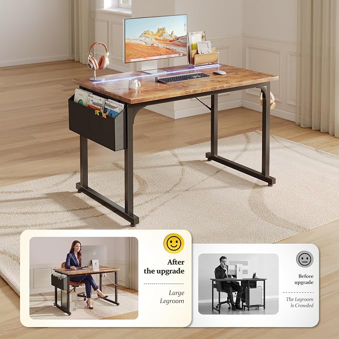DurayLoly 40" Computer Desk with Waterproof LED Lights,Bedroom Study Desk for Teens,Dorm Room Essentials,Headphone Hook&Storage Bag for Small Spaces,Sturdy Metal Frame,Rustic Brown
