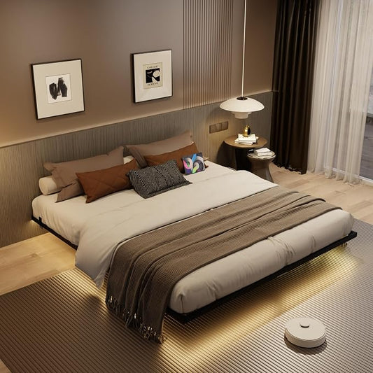 Floating Bed Frame Queen Size with Charging Station and LED Lights, Metal Platform Bed Frame, No Box Spring Needed, Easy Assembly, (Queen)