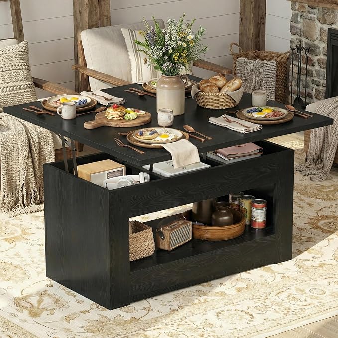 UNIQUITE 40" Lift Top Coffee Table, 4 in 1 Multi-Function Lift Coffee Tables with Storage and Hidden Compartment, Convertible Wood Coffee Tables to Dining Table for Living Room, Black