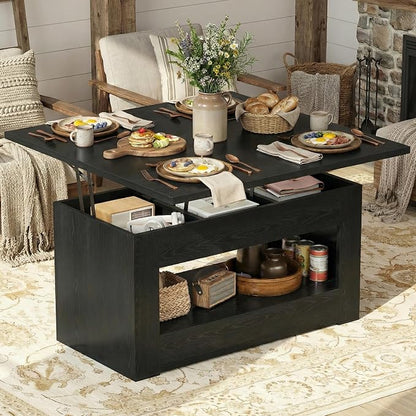 UNIQUITE 40" Lift Top Coffee Table, 4 in 1 Multi-Function Lift Coffee Tables with Storage and Hidden Compartment, Convertible Wood Coffee Tables to Dining Table for Living Room, Black