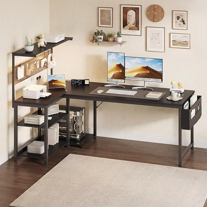 Apicizon L Shaped Desk Gaming Desk with LED Light & Power Outlet, 55 Inch Reversible Computer Desk with Pegboard & Shelf & Storage Bag for Home Office, Black