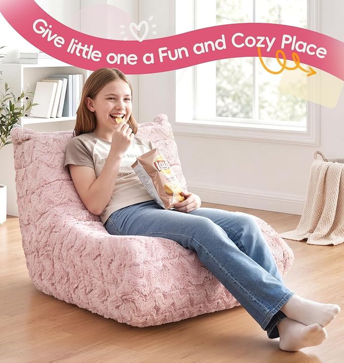 Hobestluk Medium Bean Bag Chair Faux Fur Fabric BeanBag Couch for Playroom | Pink Chevron,Ergonomic Design,Memory Foam,Strong Supportive,No Assembly Required,Decorative Style for Living Room Bedroom