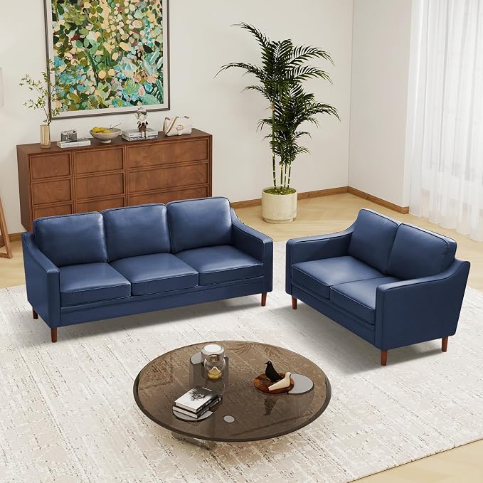 Kingfun Couch Sets for Living Room, 3 Seater Couch and Loveseat, Mid Century Modern Sofa Set, Faux Leather Couch with Solid Wood Frame for Bedroom