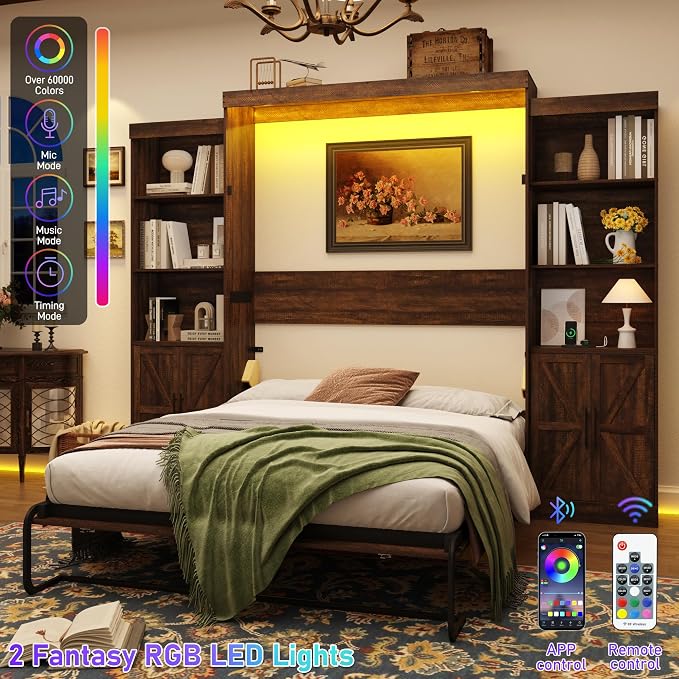 Hlivelood Queen Size Murphy Bed w/2 Storage Cabinet&2 LED Light, Farmhouse Wood Hidden Foldable Wall Bed Frame, Storage Bed Cabinet for Bedroom, Office, Space-Saving, No Box Spring Needed, Brown