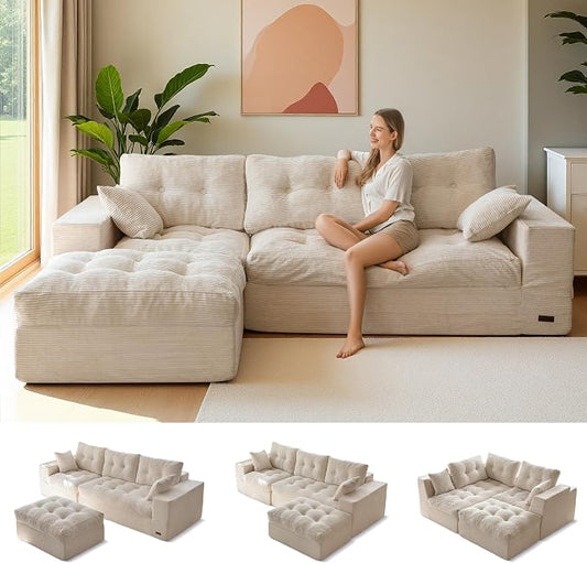 MAXYOYO 96" L Shaped Modular Sectional Sofa with Ottoman, Cloud Boneless Couch with Layered Cushion, Upholstered Sofa in a Box, Flexible Module Combination for Living Room, No Assembly, Beige