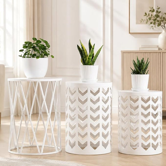 HFHOME Nesting Coffee Tables Set of 3, Industrial Metal Stacking Accent Side Tables Circle Table for Small Space, Living Room, Apartment, Bedroom Indoor - White