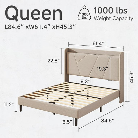 Queen Size Linen Bed Frame, Storage Headboard with Charging Station, Upholstered Platform Bed with Wooden Slats Support, Solid and Stable, Noise Free, No Box Spring Needed, Easy Assembly, Beige