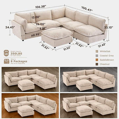 Iroomy Modular Sectional Sofa, Oversized Chenille Cloud Couch, Deep Comfy Seat, 6-Seater Sofas Couches for Living Room, Beige