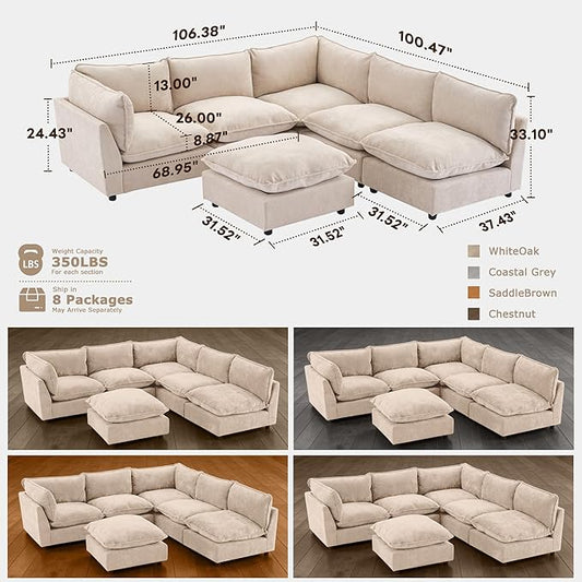 Iroomy Modular Sectional Sofa, Oversized Chenille Cloud Couch, Deep Comfy Seat, 6-Seater Sofas Couches for Living Room, Beige