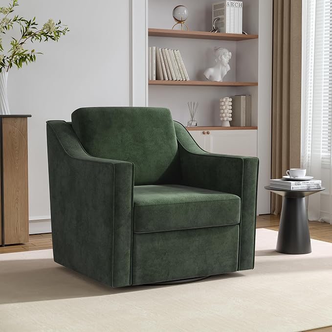 Swivel Accent Chair, Comfy Chenille Swivel Chair with Deep Seat, Upholstered Club Armchair with 360 Degree Rotation Base, Single Sofa Reading Chair for Living Room Bedroom, Green