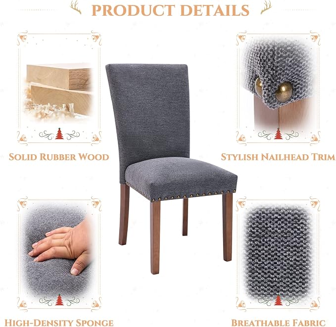 Parsons Dining Chairs Set of 2, Upholstered Nailhead Dining Room Kitchen Side Chair with Thick Cushions and Wood Legs, Dark Grey