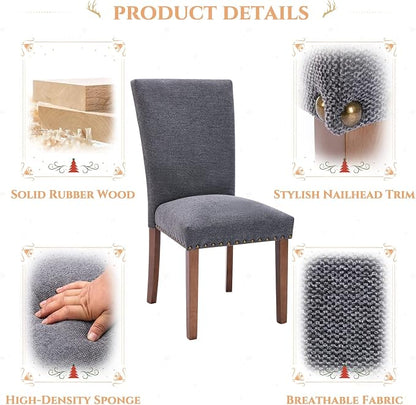 Parsons Dining Chairs Set of 2, Upholstered Nailhead Dining Room Kitchen Side Chair with Thick Cushions and Wood Legs, Dark Grey